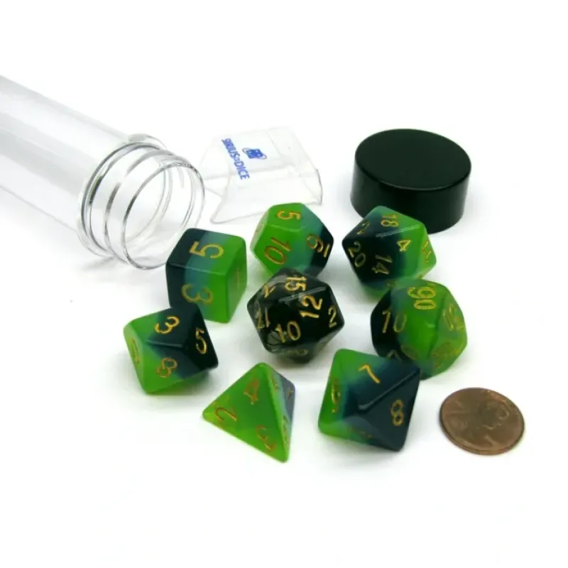 Dice-Tube of 7 Polyhedral RPG Sirius Dice with Bonus D20 - Green, Blue Translucent - Your Source for Gaming Essentials