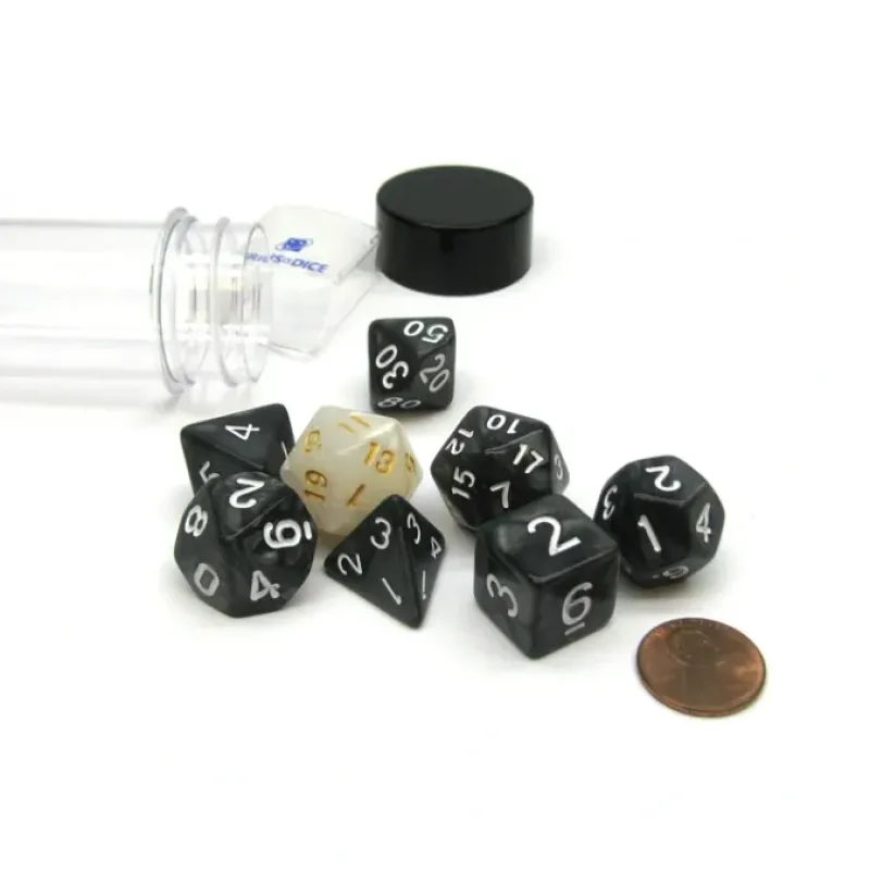 Dice-Tube of 7 Polyhedral RPG Sirius Dice with Bonus D20- Pearl Charcoal Grey Acrylic - Your Source for Gaming Essentials