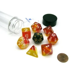 Dice-Tube of 7 Polyhedral RPG Sirius Dice with Bonus D20 - Yellow, Red Translucent - Your Source for Gaming Essentials