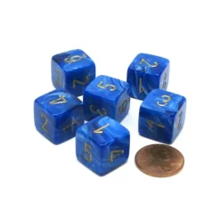 Dice-Vortex 15mm 6 Sided D6 Polyhedral Dice, 6 Pieces - Blue with Gold Numbers - Your Source for Gaming Essentials