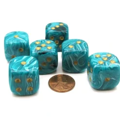Dice-Vortex 20mm Big D6 Chessex Dice, 6 Pieces - Teal with Gold Pips - Your Source for Gaming Essentials