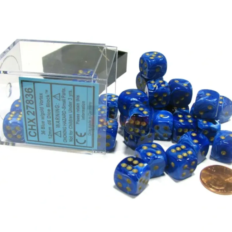 Dice-Vortex 12mm D6 Chessex Dice Block (36 Dice) - Blue with Gold Pips - Your Source for Gaming Essentials