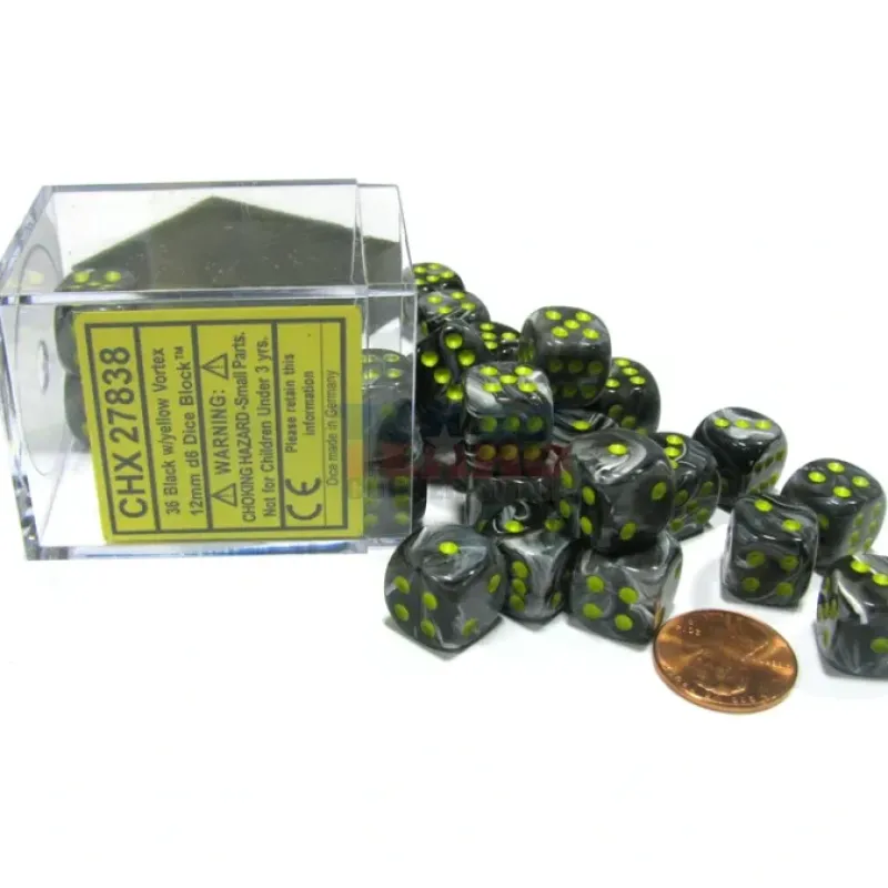 Dice-Vortex 12mm D6 Chessex Dice Block (36 Dice) - Black with Yellow Pips - Your Source for Gaming Essentials