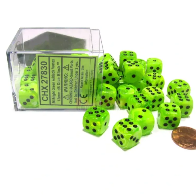 Dice-Vortex 12mm D6 Chessex Dice Block (36 Dice) - Bright Green with Black Pips - Your Source for Gaming Essentials