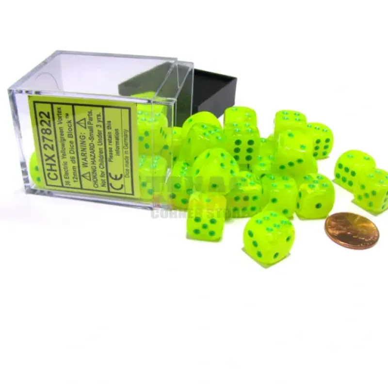 Dice-Vortex 12mm D6 Chessex Dice Block (36 Dice) - Electric Yellow with Green Pips - Your Source for Gaming Essentials