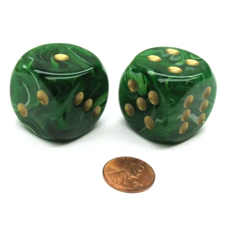 Dice-Vortex 30mm Large D6 Chessex Dice, 2 Pieces - Green with Gold Pips - Your Source for Gaming Essentials