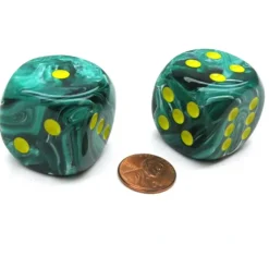 Dice-Vortex 30mm Large D6 Chessex Dice, 2 Pieces - Malachite Green with Yellow Pips - Your Source for Gaming Essentials