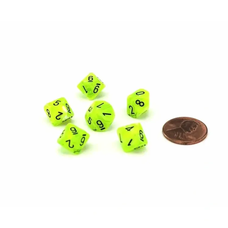 Dice-Vortex 10mm Mini 10 Sided D10 Dice, 6 Pieces - Bright Green with Black Numbers - Your Source for Gaming Essentials