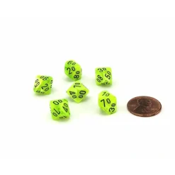 Dice-Vortex 10mm Mini Tens D10 Dice, 6 Pieces - Bright Green with Black Numbers - Your Source for Gaming Essentials