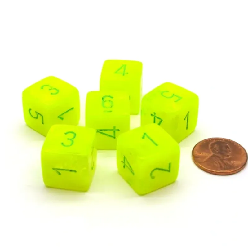 Dice-Vortex 15mm 6-Sided D6 Numbered Dice, 6 Pieces - Electric Yellow with Green - Your Source for Gaming Essentials