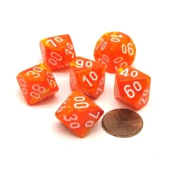 Dice-Vortex 16mm Tens D10 (00-90) Chessex Dice, 6 Pieces - Solar with White Numbers - Your Source for Gaming Essentials