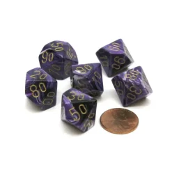 Dice-Vortex 16mm Tens D10 (00-90) Chessex Dice, 6 Pieces - Purple with Gold Numbers - Your Source for Gaming Essentials